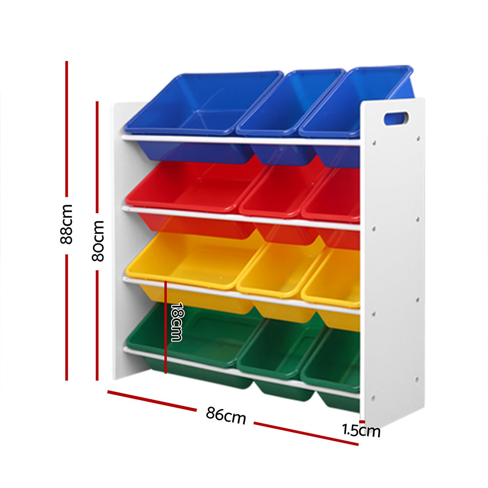 Kids Storage Shelf with 12 Removable Plastic Tubs - White - Homecoze
