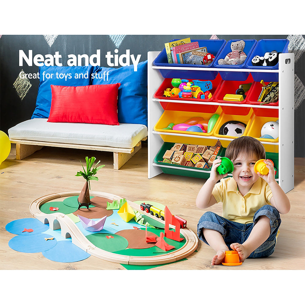 Kids Storage Shelf with 12 Removable Plastic Tubs - White - Homecoze
