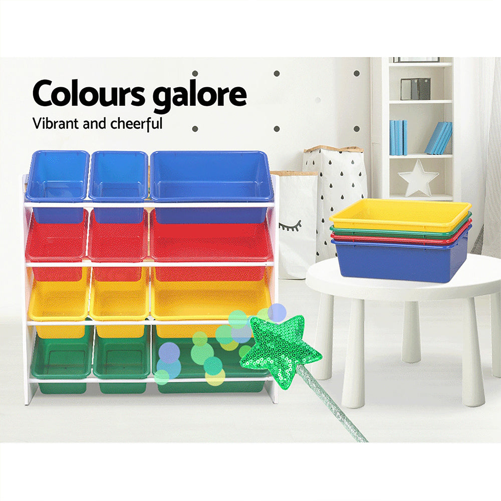 Kids Storage Shelf with 12 Removable Plastic Tubs - White - Homecoze