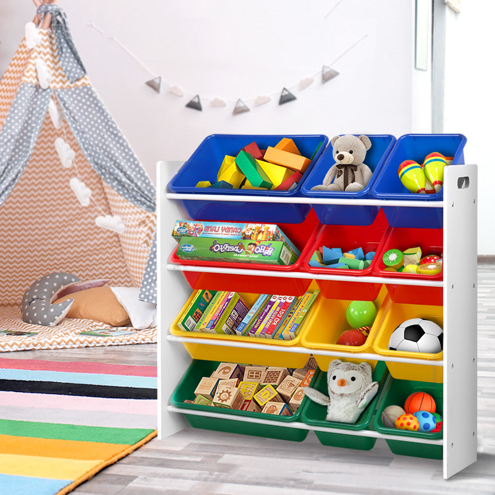 Kids Storage Shelf with 12 Removable Plastic Tubs - White - Homecoze