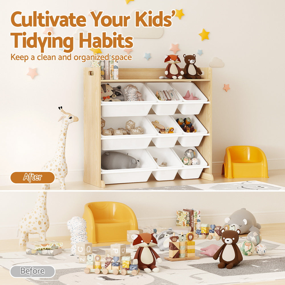 Keezi Kids Toy Box 9 Bins Bookshelf Organiser Display Shelf Storage Rack Wooden - Homecoze