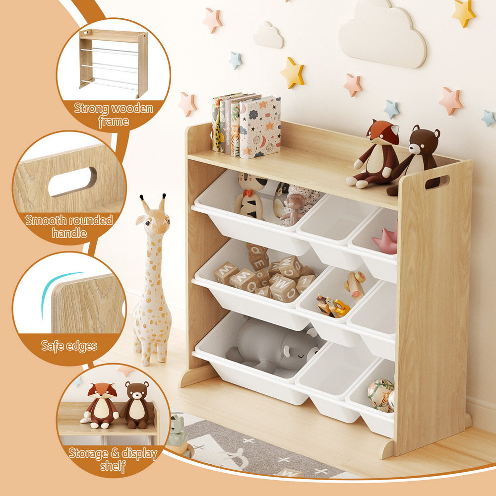Keezi Kids Toy Box 9 Bins Bookshelf Organiser Display Shelf Storage Rack Wooden - Homecoze