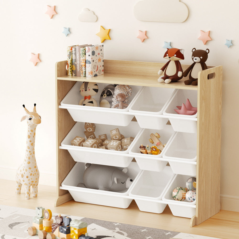 Keezi Kids Toy Box 9 Bins Bookshelf Organiser Display Shelf Storage Rack Wooden - Homecoze