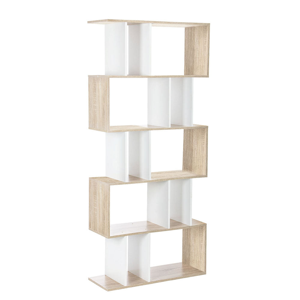 Bookshelf 5-tier Zig Zag Style - White & Oak - Homecoze