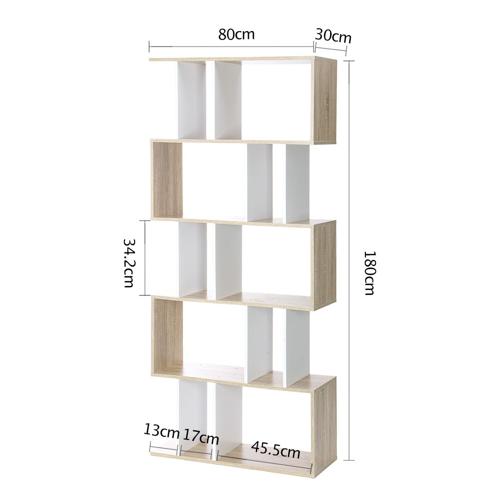Bookshelf 5-tier Zig Zag Style - White & Oak - Homecoze