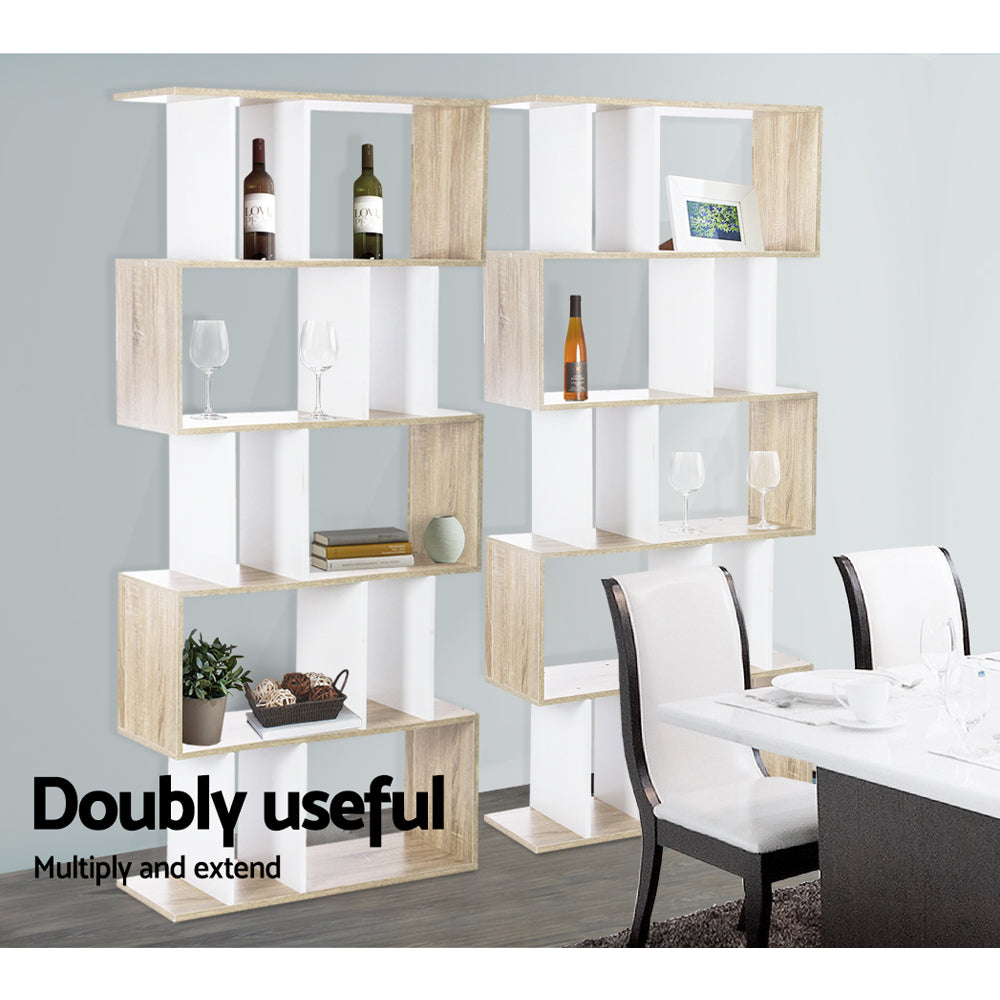 Bookshelf 5-tier Zig Zag Style - White & Oak - Homecoze