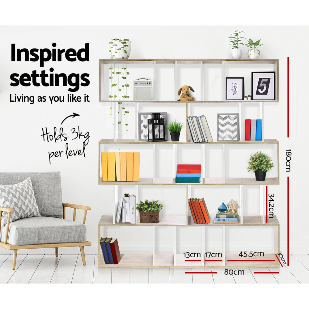 Bookshelf 5-tier Zig Zag Style - White & Oak - Homecoze
