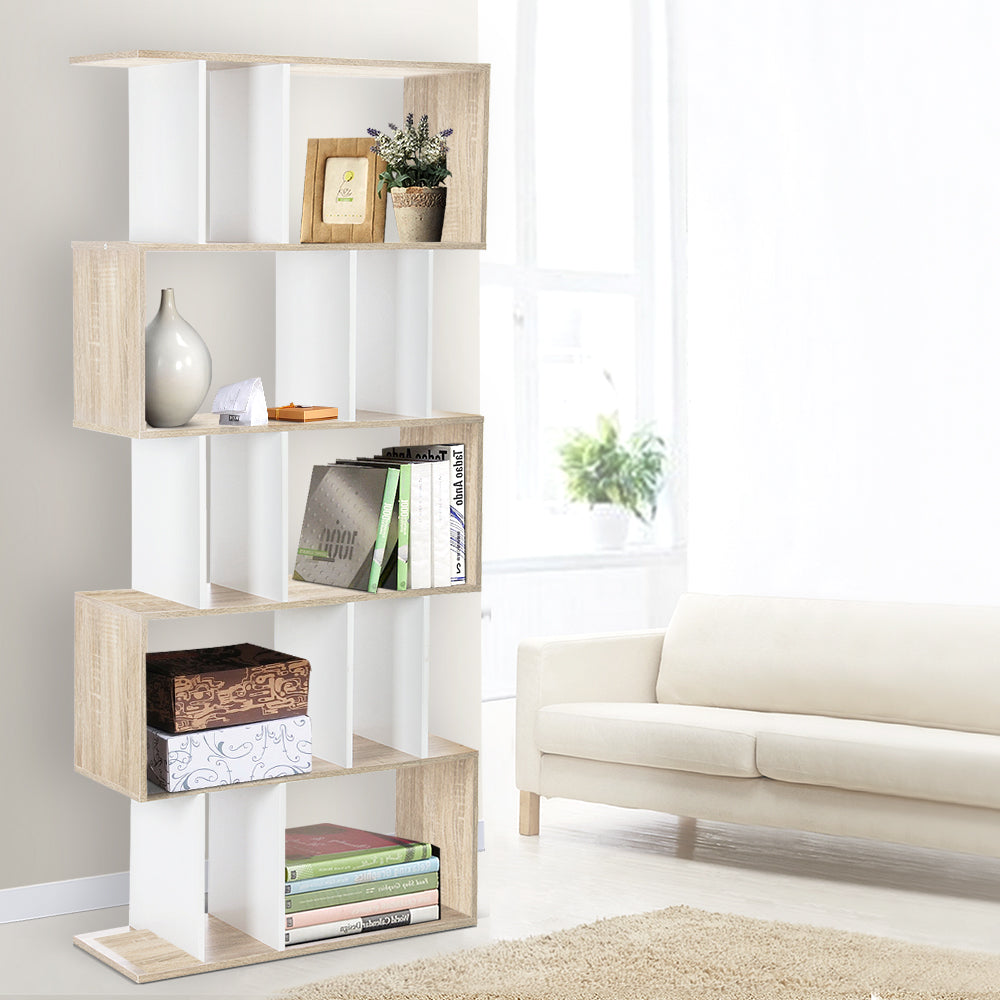 Bookshelf 5-tier Zig Zag Style - White & Oak - Homecoze