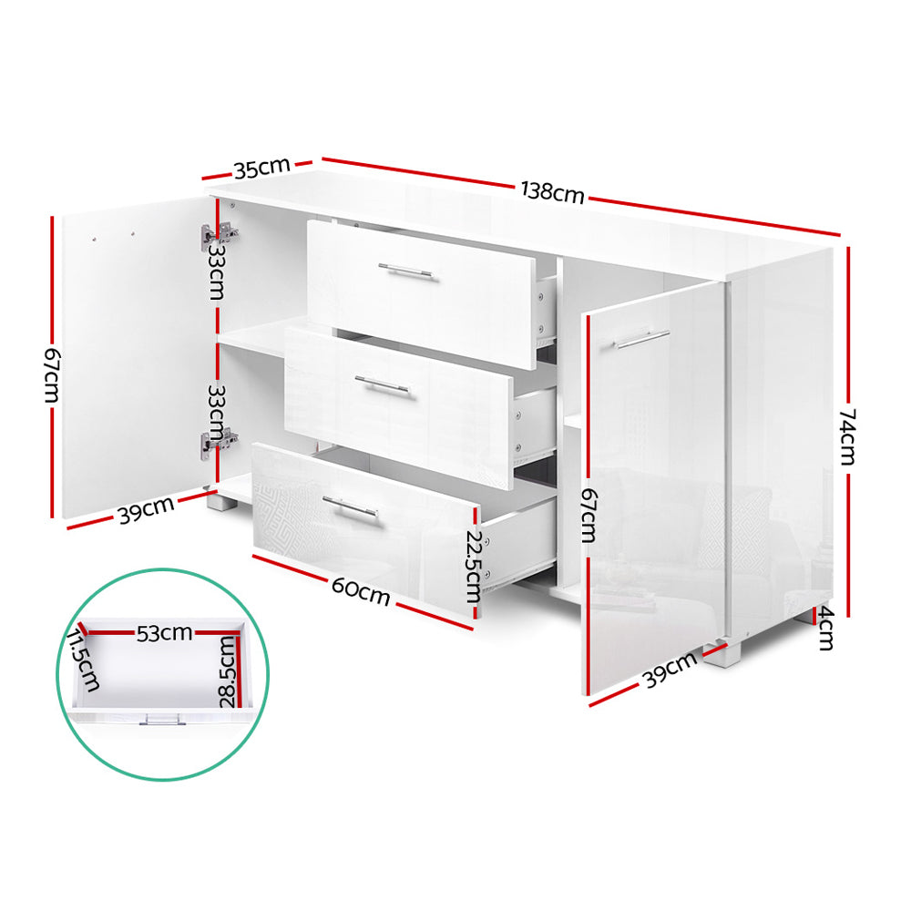 High Gloss Sideboard Storage Cabinet Cupboard - White - Homecoze