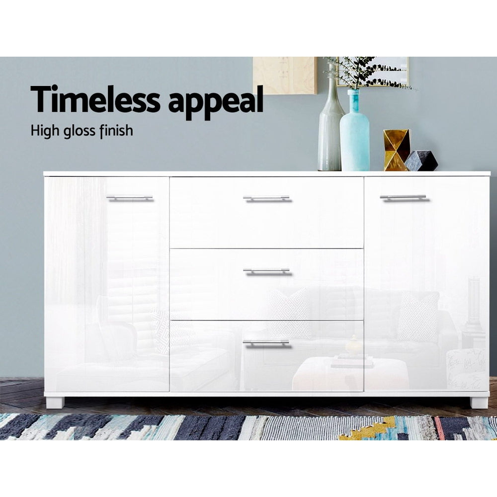 High Gloss Sideboard Storage Cabinet Cupboard - White - Homecoze
