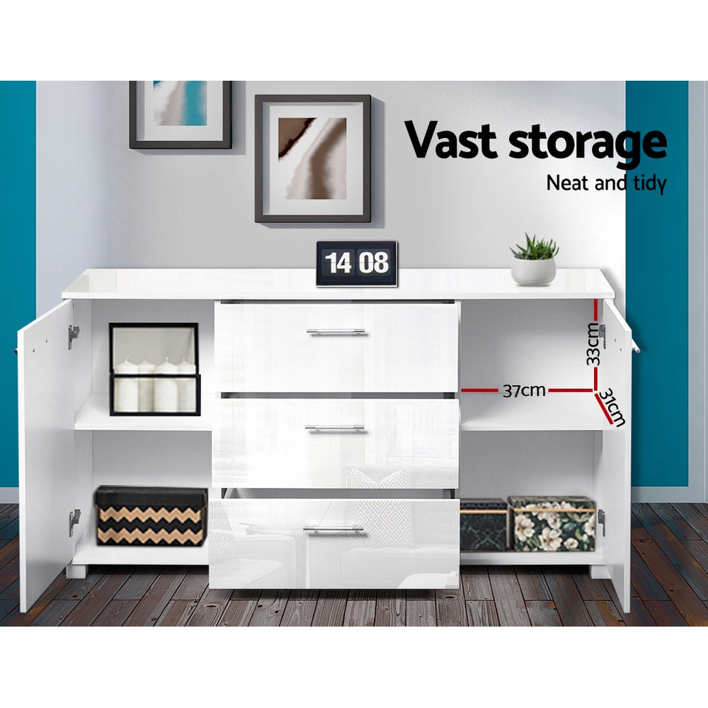 High Gloss Sideboard Storage Cabinet Cupboard - White - Homecoze