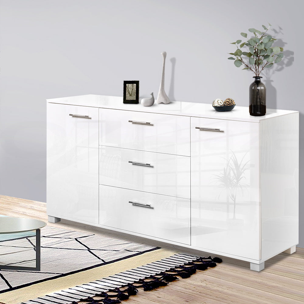 High Gloss Sideboard Storage Cabinet Cupboard - White - Homecoze