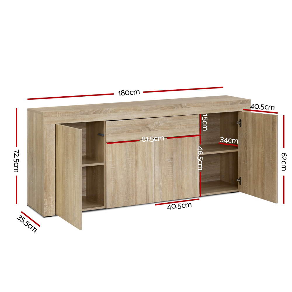 Buffet 4 Door Sideboard Cabinet with Drawer - Oak Coloured Woodgrain Finish - Homecoze