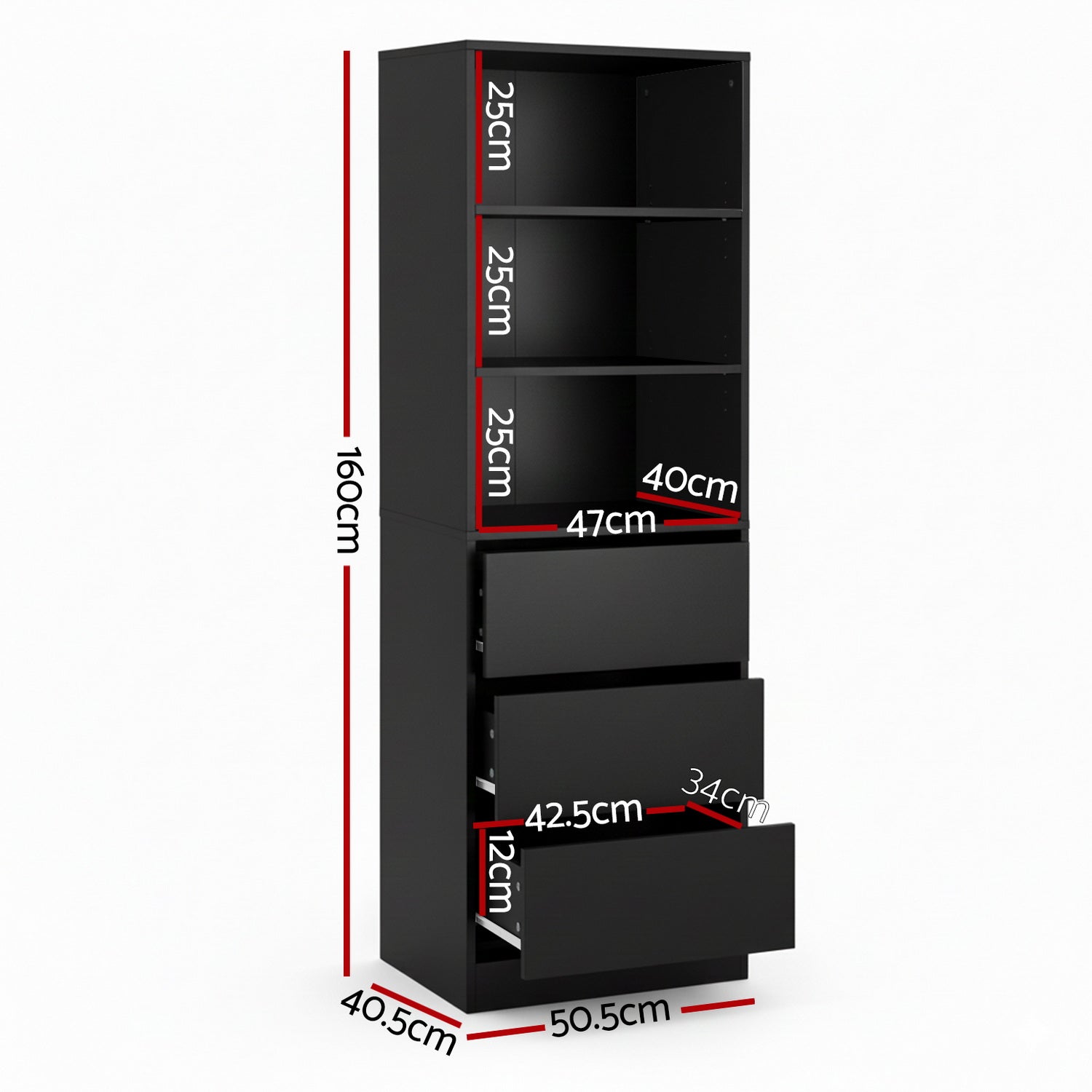 Artiss 3 Chest of Drawers Tallboy Cabinet Black - Homecoze