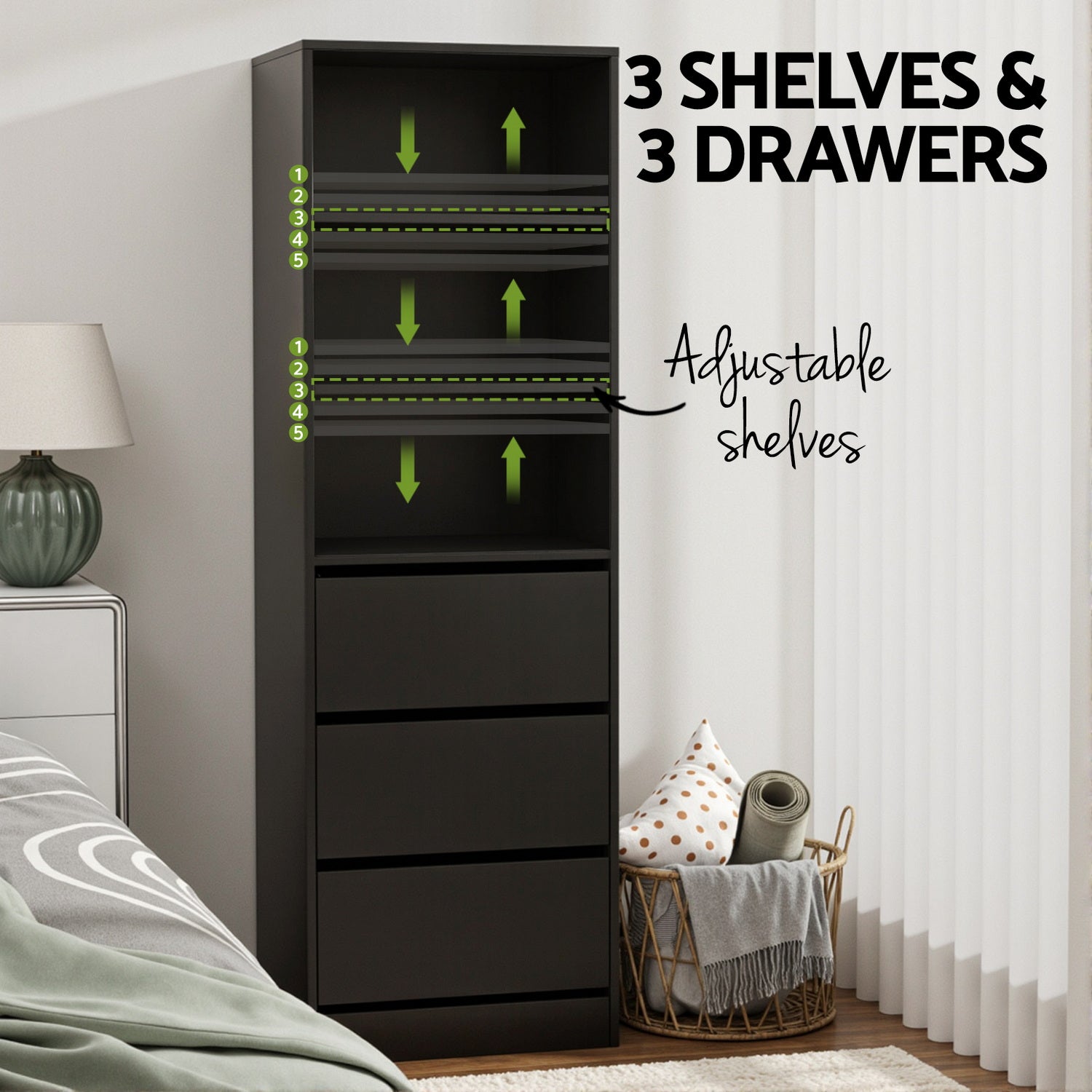 Artiss 3 Chest of Drawers Tallboy Cabinet Black - Homecoze