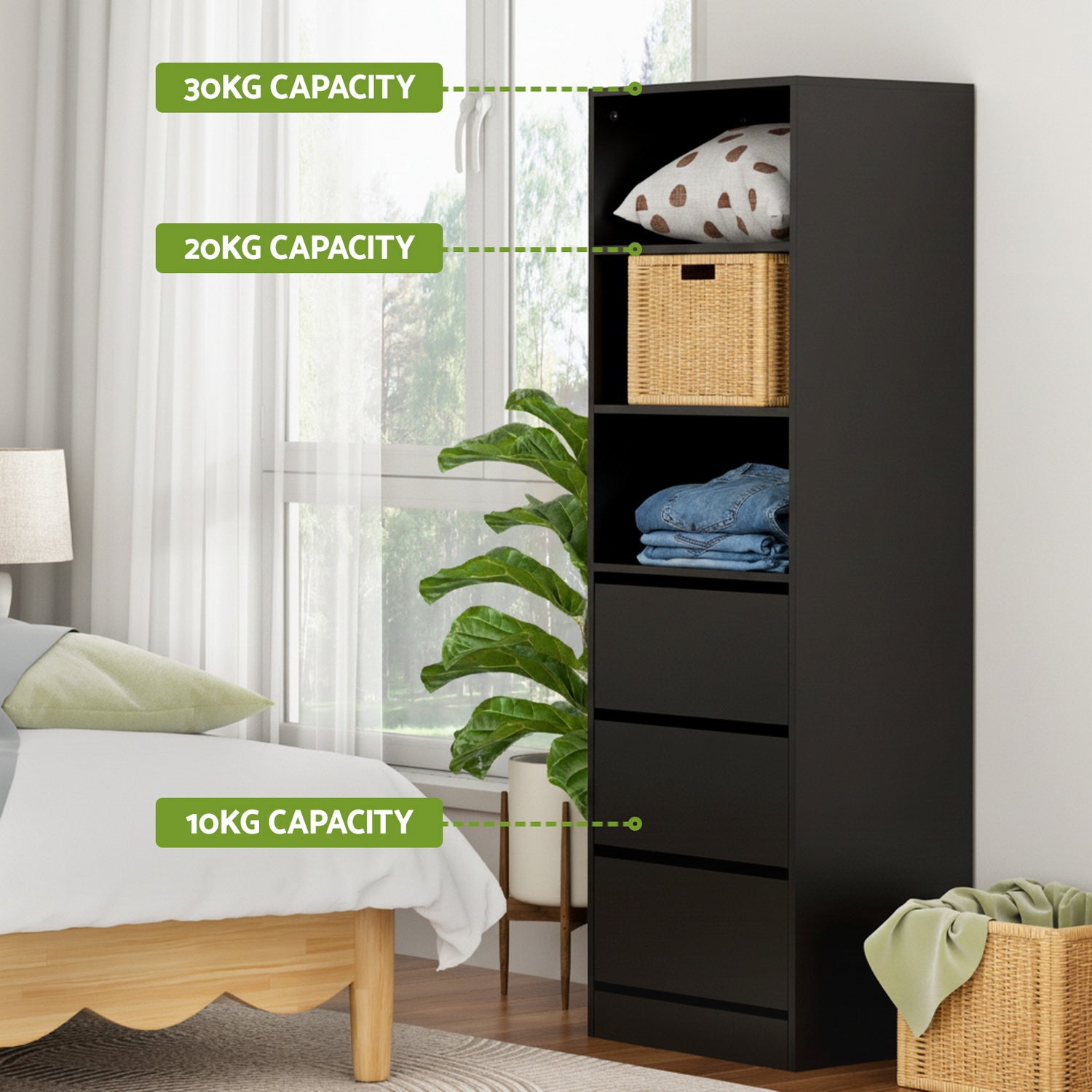 Artiss 3 Chest of Drawers Tallboy Cabinet Black - Homecoze