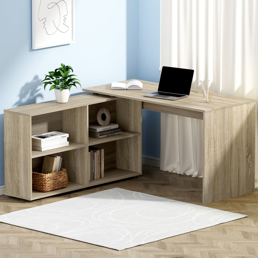 Corner Office Computer Desk Workstation with Bookcase Storage - Oak - Homecoze