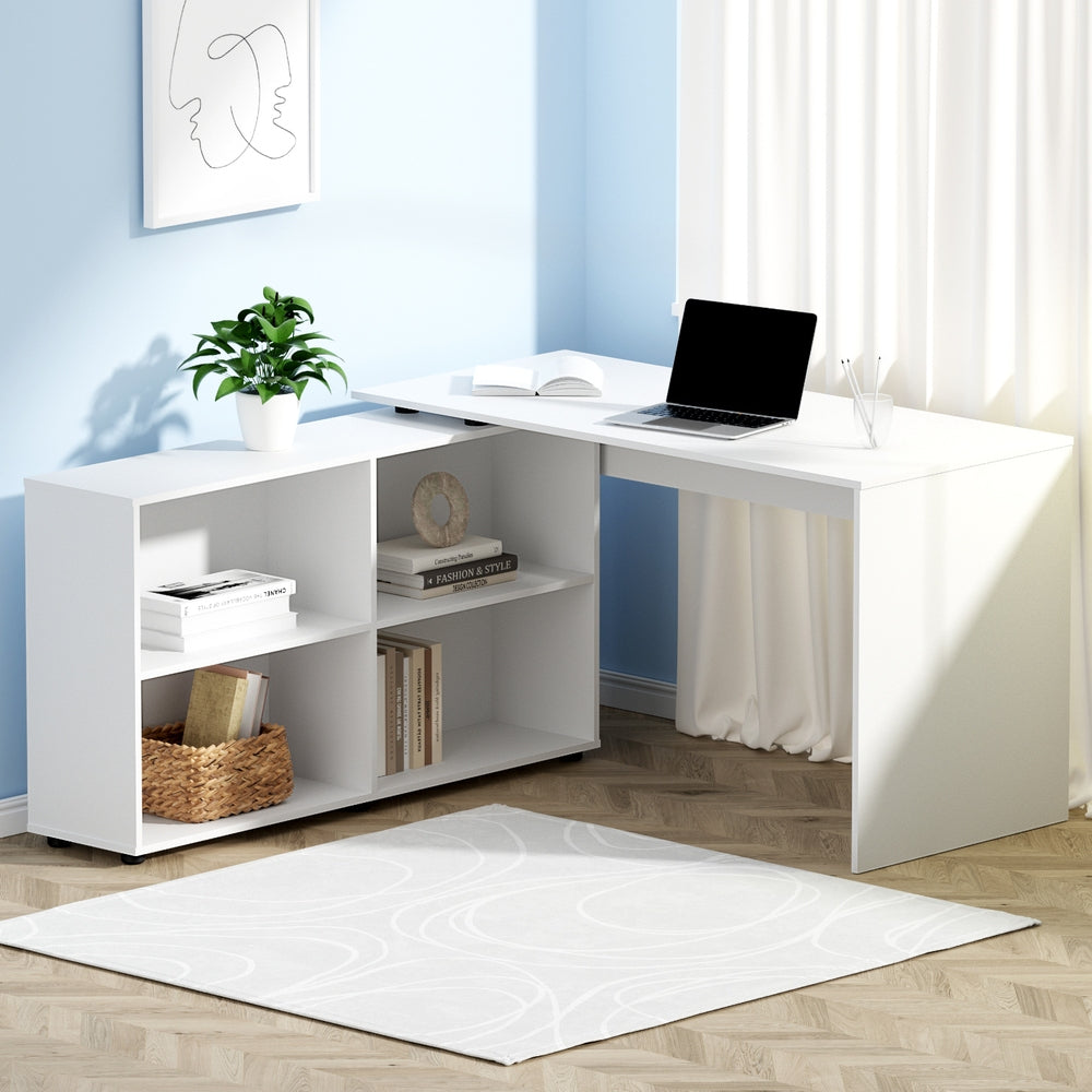 Corner Office Computer Desk Workstation with Bookcase Storage - White - Homecoze