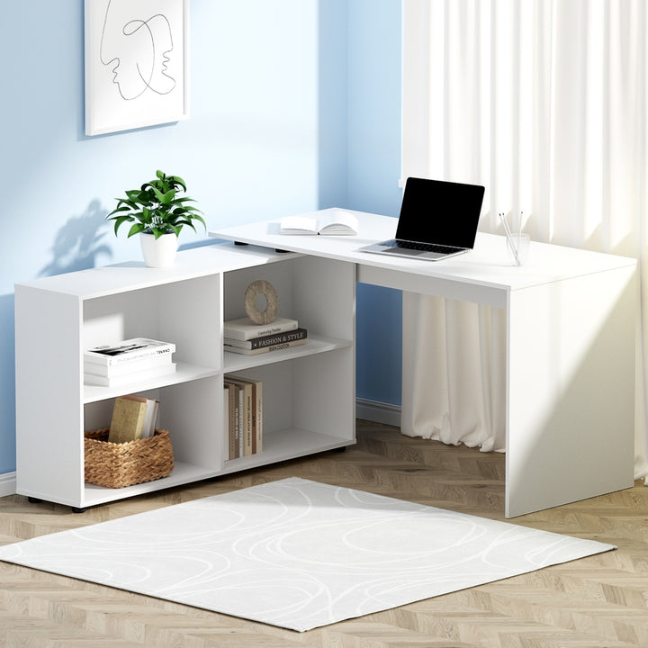 Corner Office Computer Desk Workstation with Bookcase Storage - White - Homecoze