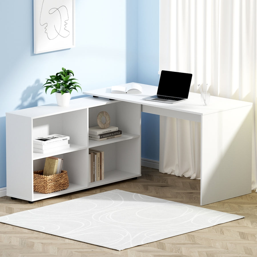 Corner Office Computer Desk Workstation with Bookcase Storage - White - Homecoze
