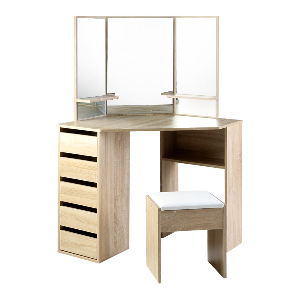 Corner Dressing Table with Storage Drawers, Mirror & Stool - Natural Oak - Homecoze