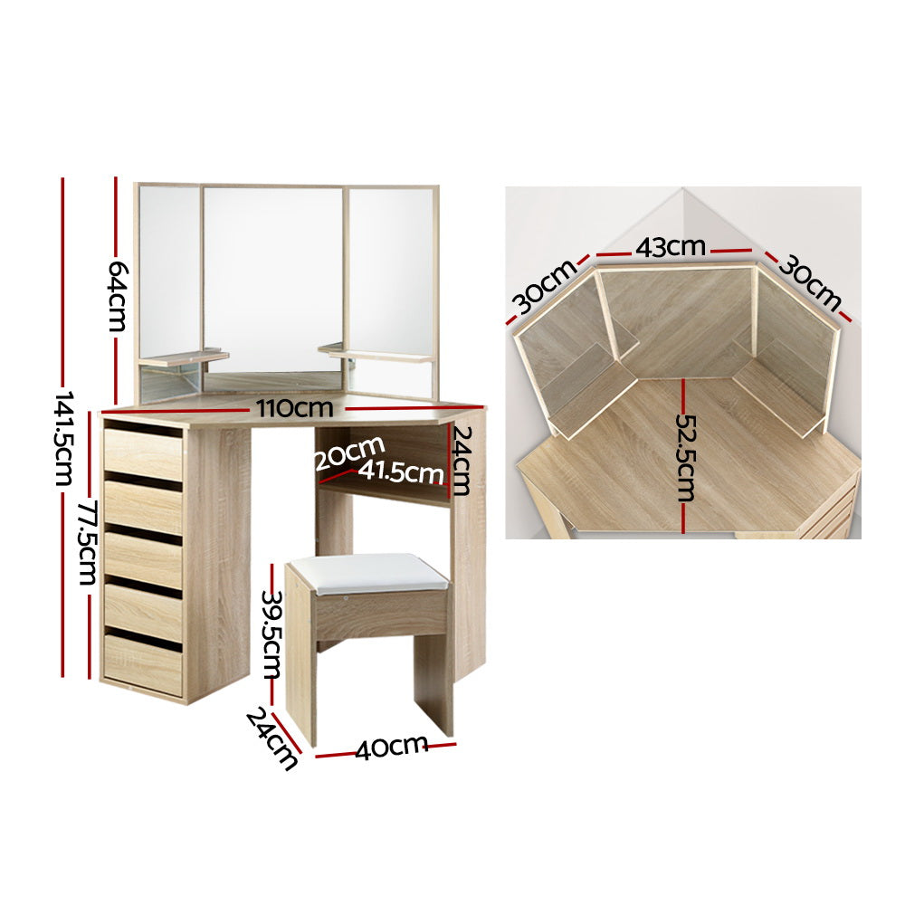 Corner Dressing Table with Storage Drawers, Mirror & Stool - Natural Oak - Homecoze
