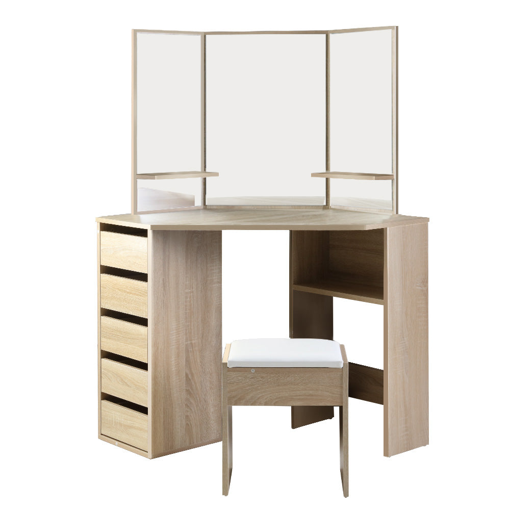 Corner Dressing Table with Storage Drawers, Mirror & Stool - Natural Oak - Homecoze