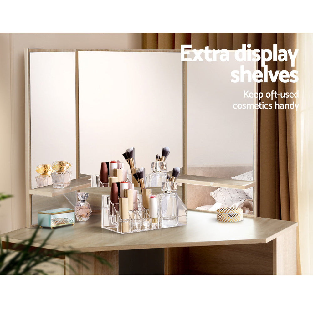 Corner Dressing Table with Storage Drawers, Mirror & Stool - Natural Oak - Homecoze
