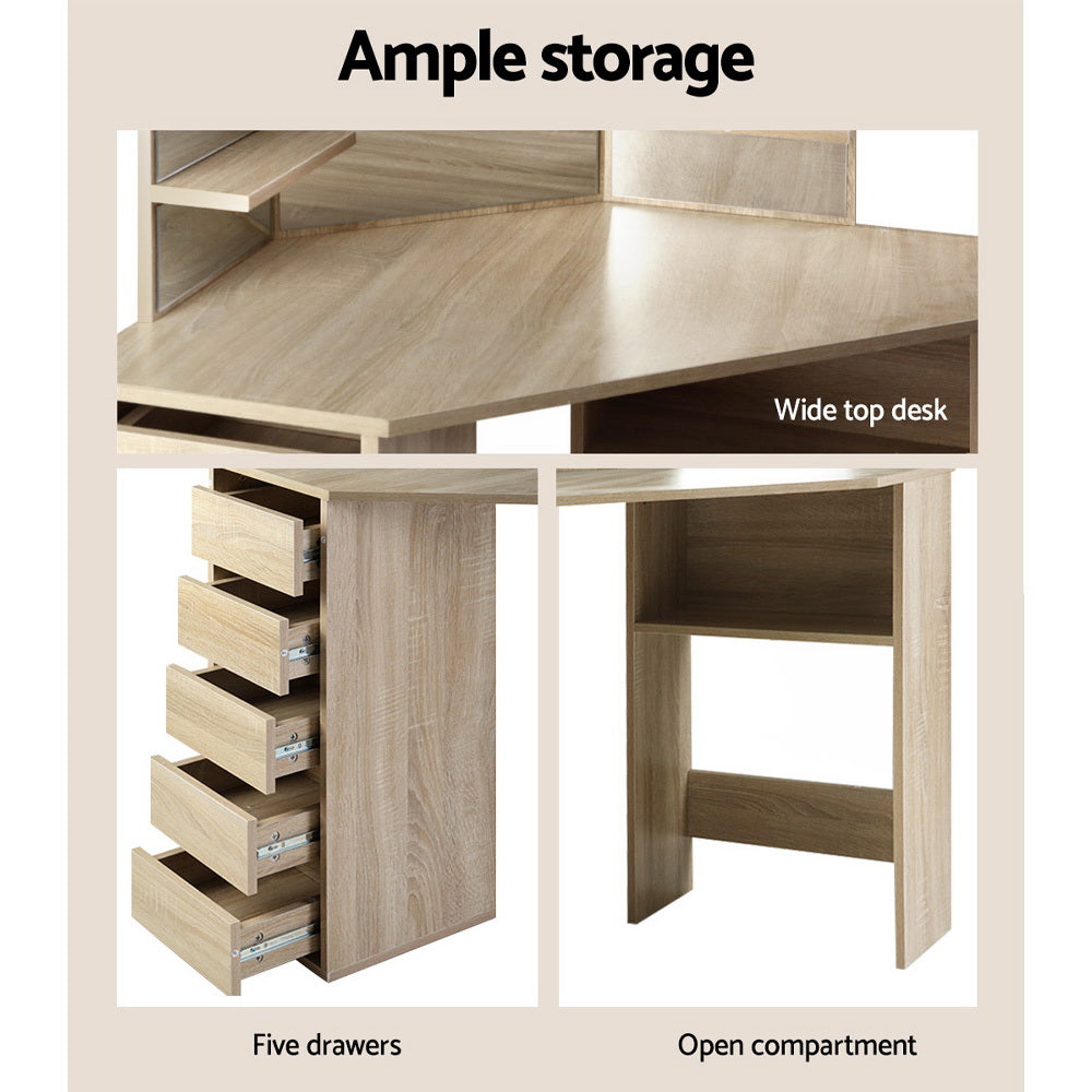 Corner Dressing Table with Storage Drawers, Mirror & Stool - Natural Oak - Homecoze