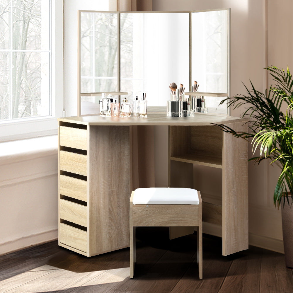 Corner Dressing Table with Storage Drawers, Mirror & Stool - Natural Oak - Homecoze