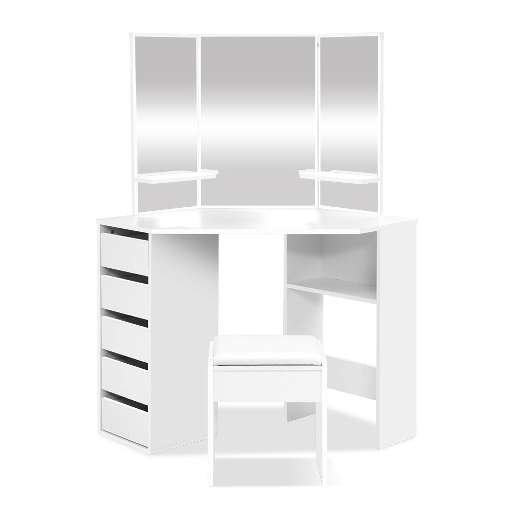Corner Storage Dressing Table with Mirror & Stool - White - Homecoze