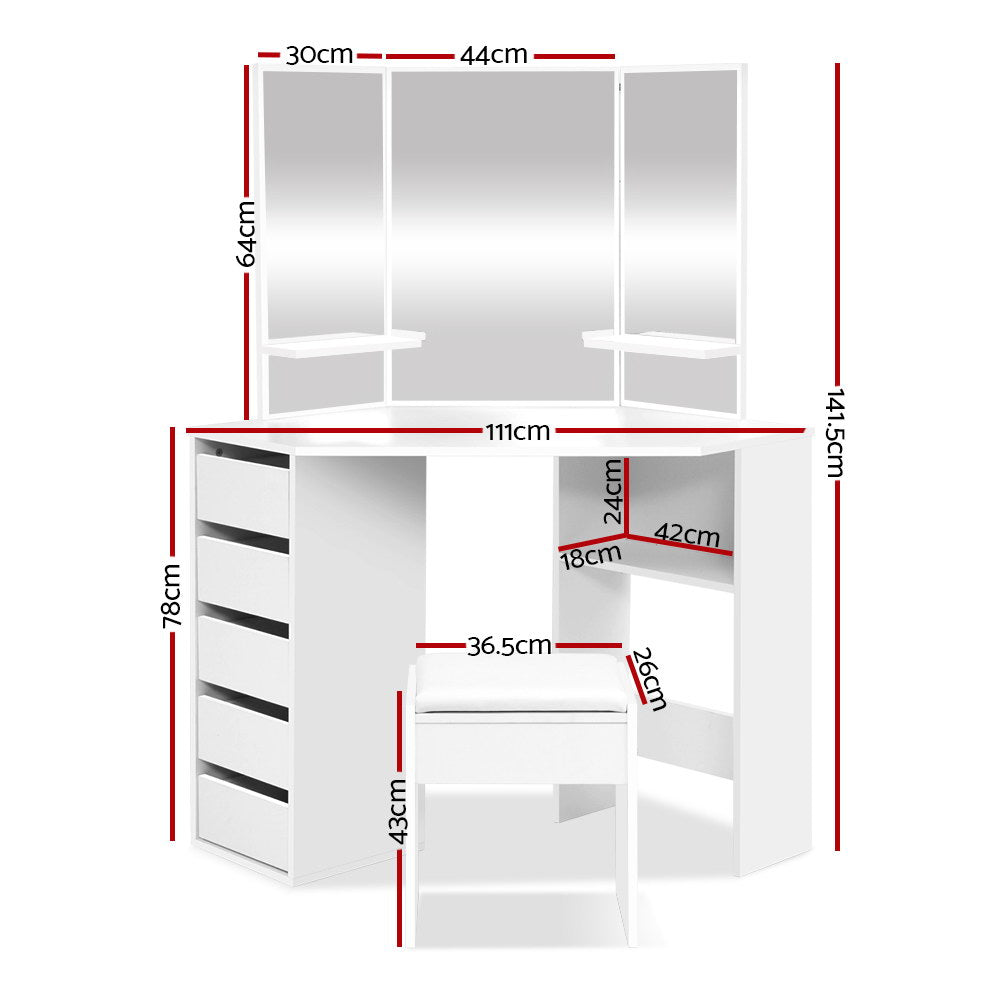 Corner Storage Dressing Table with Mirror & Stool - White - Homecoze