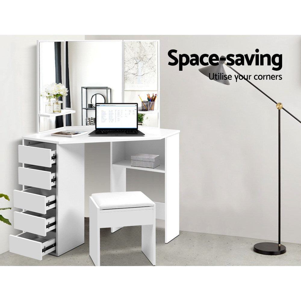 Corner Storage Dressing Table with Mirror & Stool - White - Homecoze