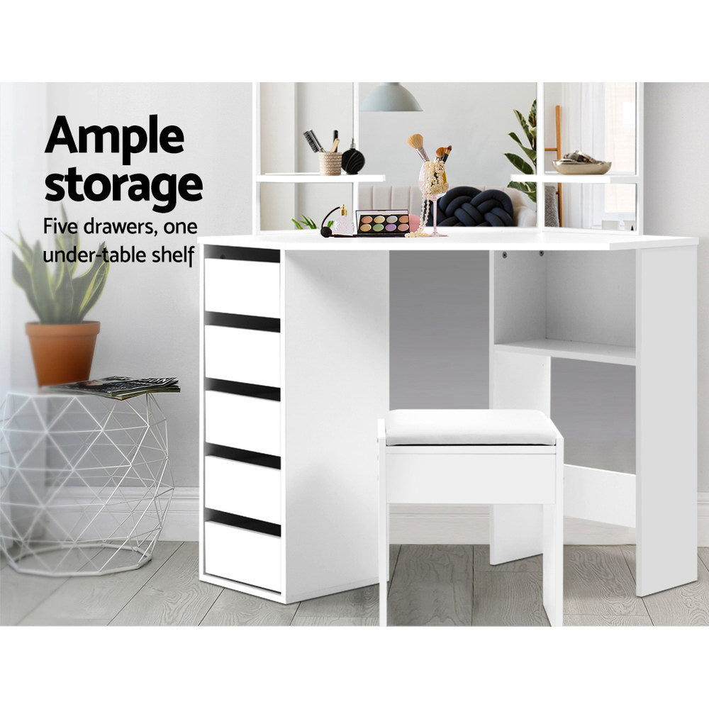 Corner Storage Dressing Table with Mirror & Stool - White - Homecoze