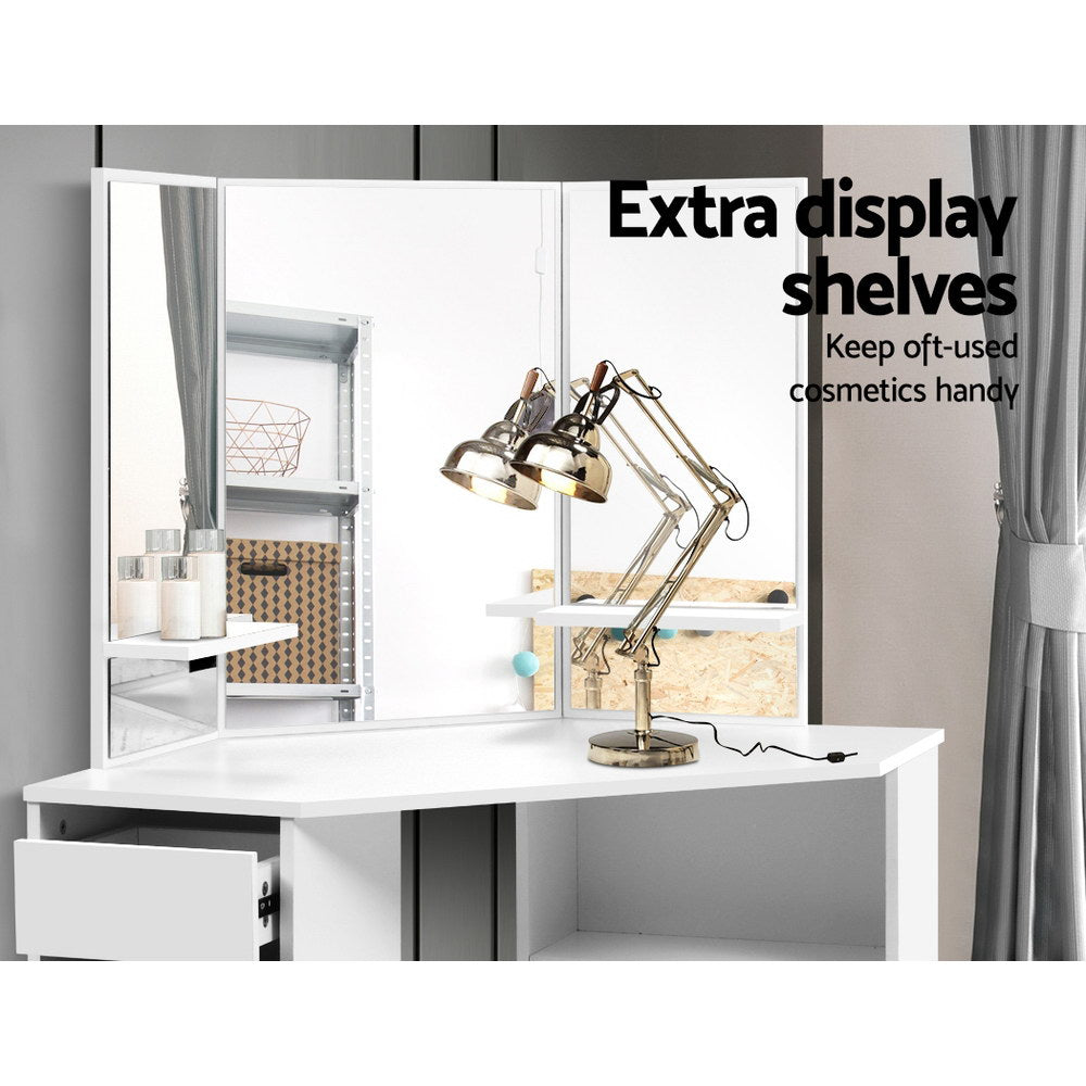 Corner Storage Dressing Table with Mirror & Stool - White - Homecoze