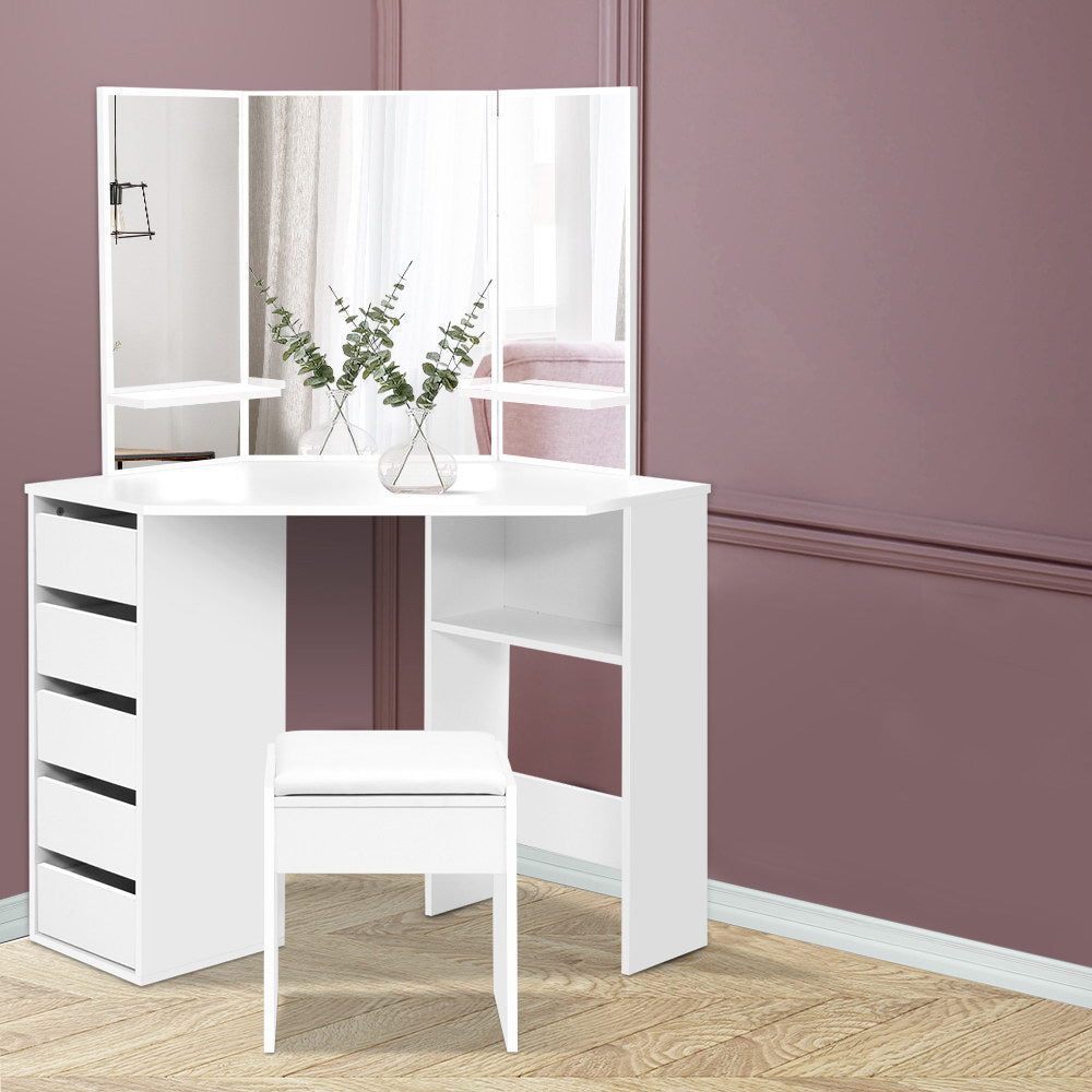 Corner Storage Dressing Table with Mirror & Stool - White - Homecoze