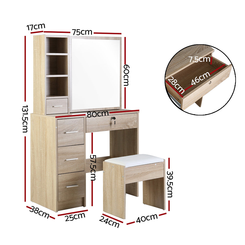 Dressing Table Stool Set with Sliding Mirror - Oak - Homecoze