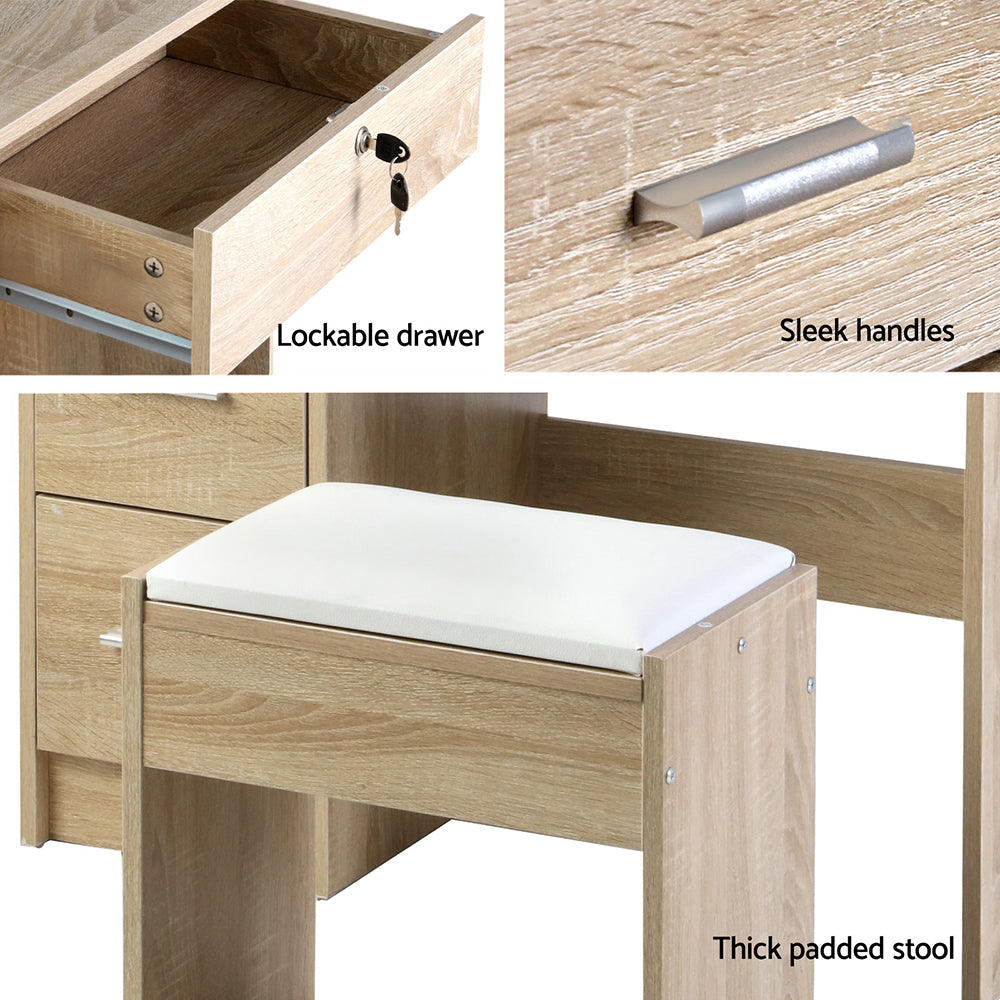Dressing Table Stool Set with Sliding Mirror - Oak - Homecoze