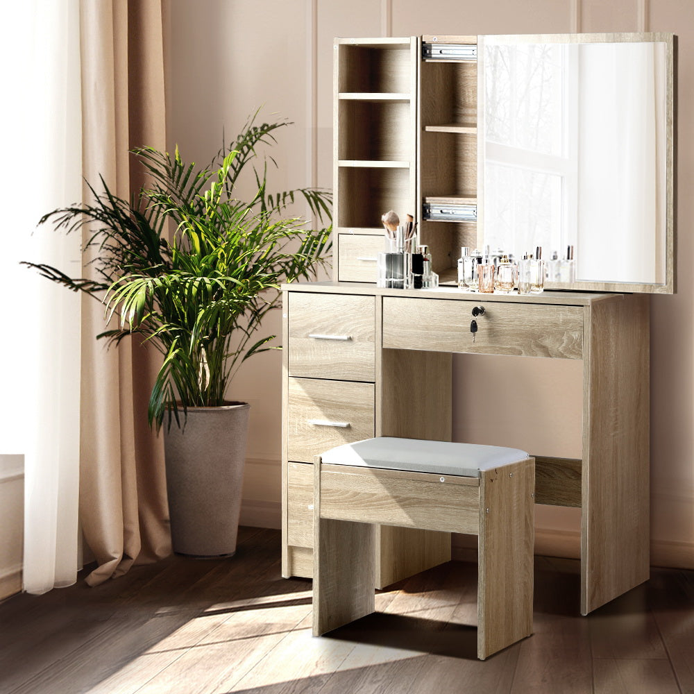 Dressing Table Stool Set with Sliding Mirror - Oak - Homecoze