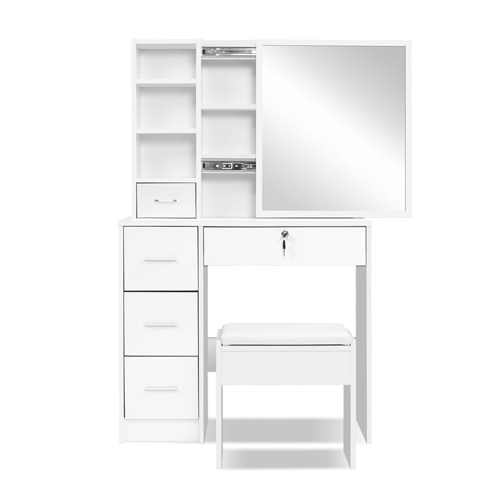 Dressing Table with Sliding Mirror Storage & Stool - White - Homecoze