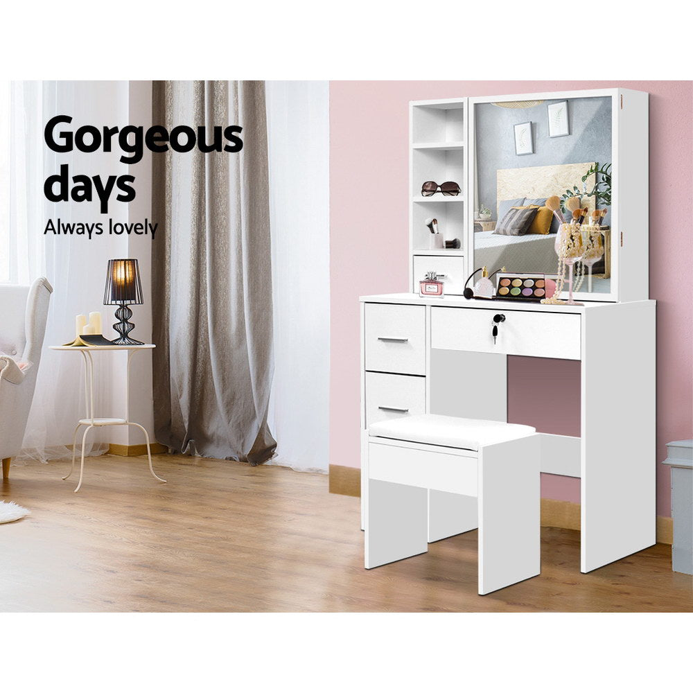 Dressing Table with Sliding Mirror Storage & Stool - White - Homecoze