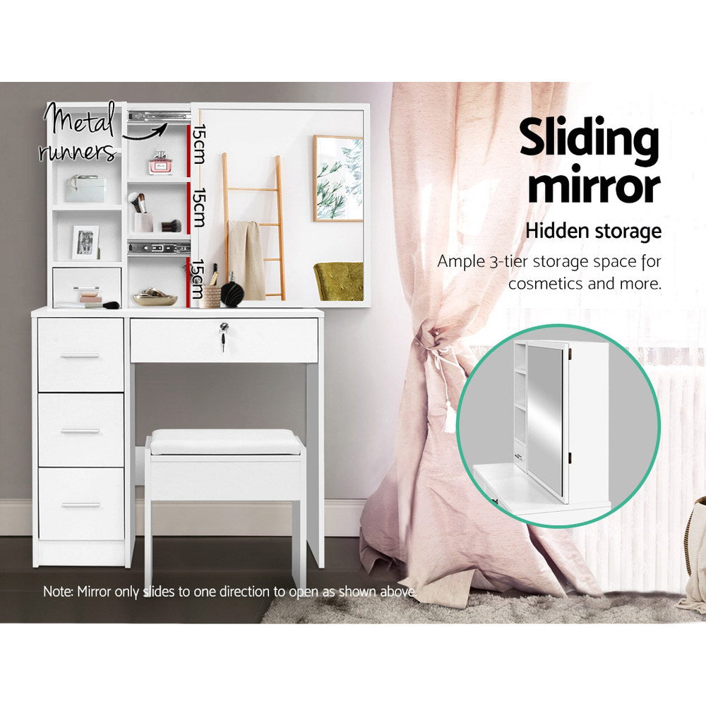Dressing Table with Sliding Mirror Storage & Stool - White - Homecoze
