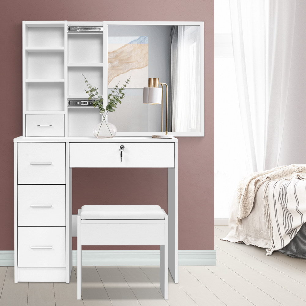 Dressing Table with Sliding Mirror Storage & Stool - White - Homecoze