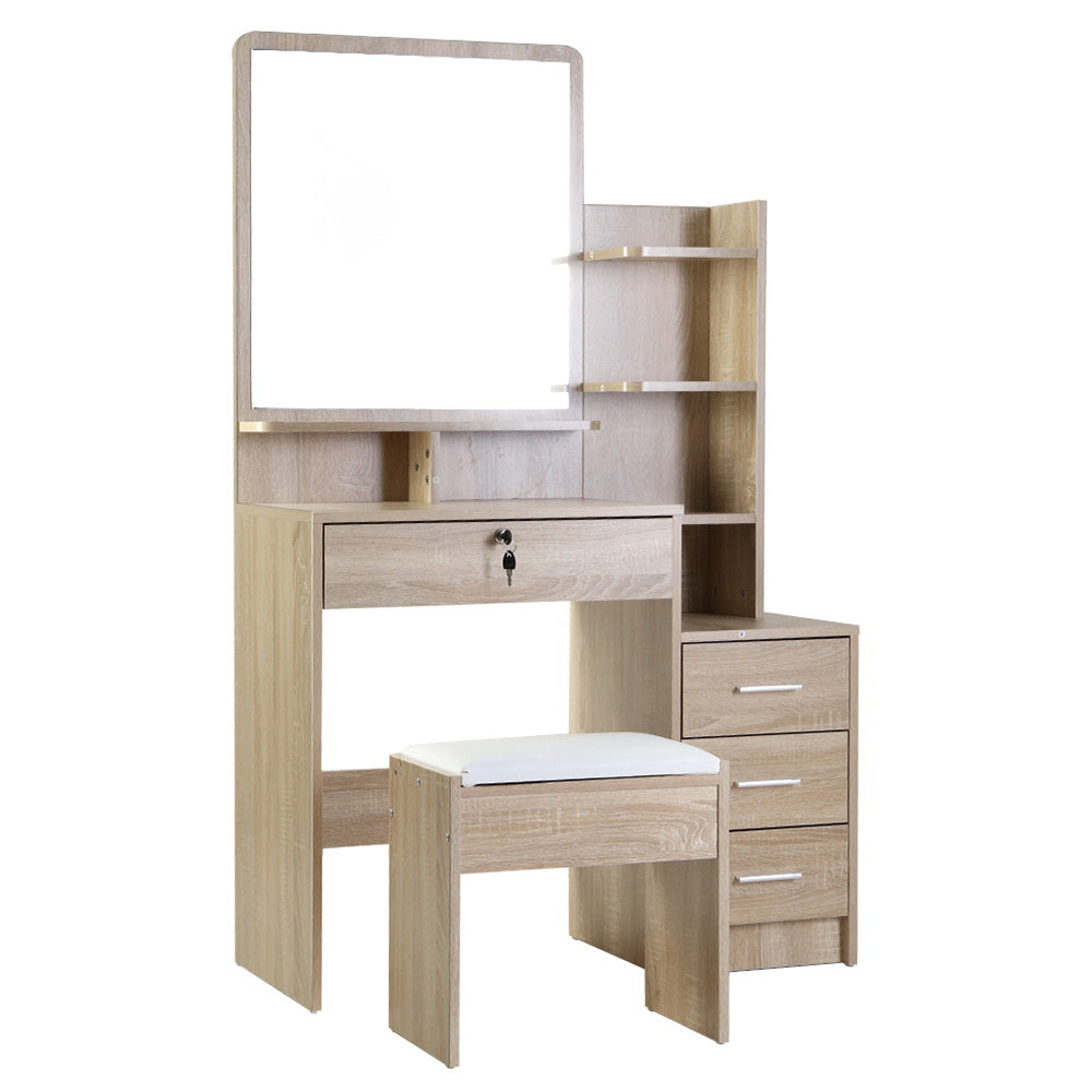 Mirrored Dressing Table and Stool Set Vanity Makeup Desk Organizer - Oak - Homecoze