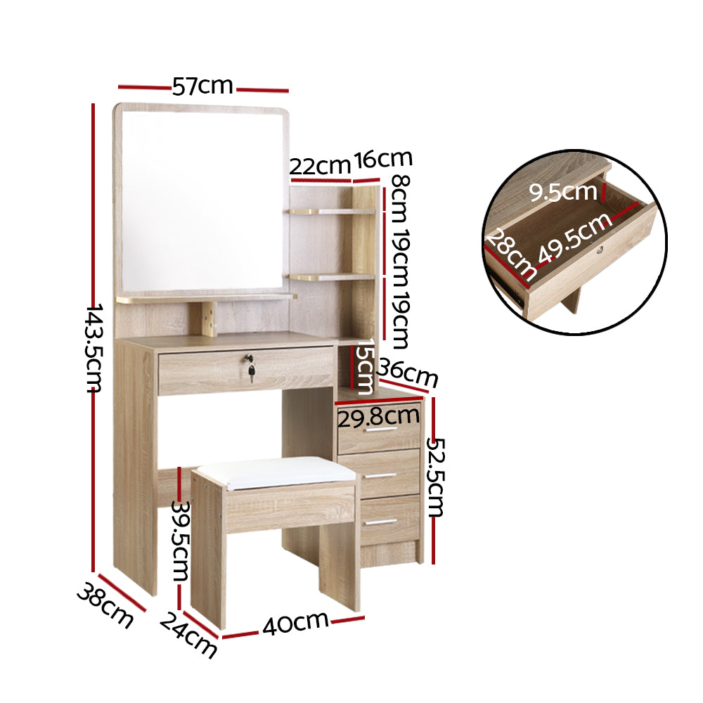 Mirrored Dressing Table and Stool Set Vanity Makeup Desk Organizer - Oak - Homecoze