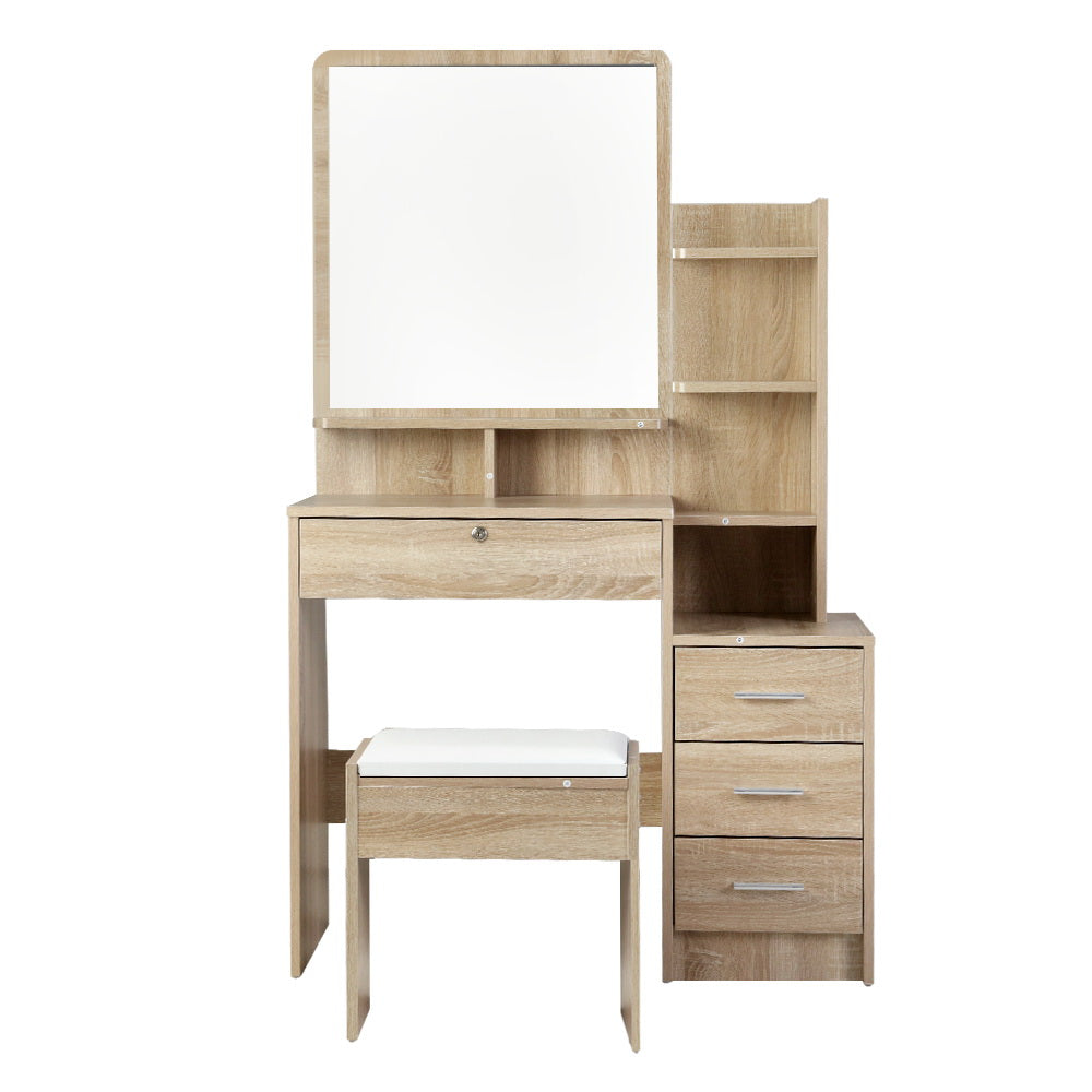 Mirrored Dressing Table and Stool Set Vanity Makeup Desk Organizer - Oak - Homecoze