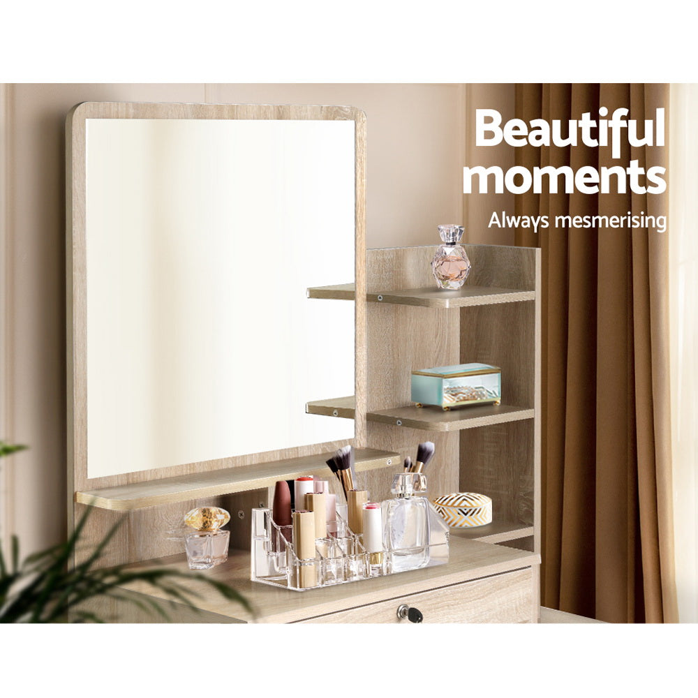 Mirrored Dressing Table and Stool Set Vanity Makeup Desk Organizer - Oak - Homecoze