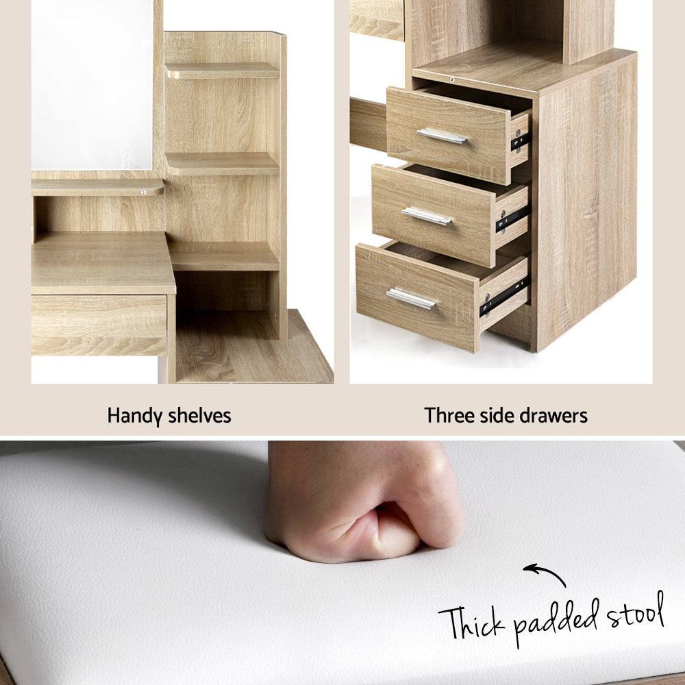 Mirrored Dressing Table and Stool Set Vanity Makeup Desk Organizer - Oak - Homecoze