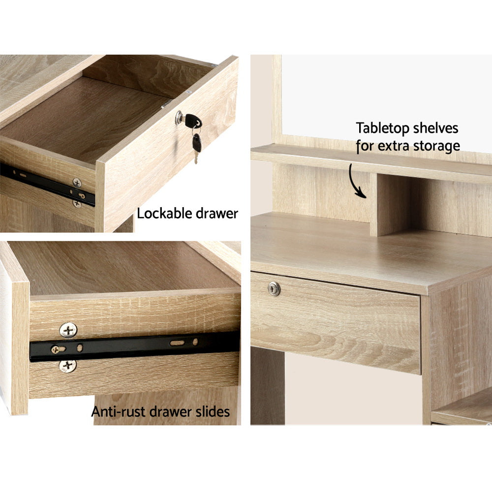Mirrored Dressing Table and Stool Set Vanity Makeup Desk Organizer - Oak - Homecoze