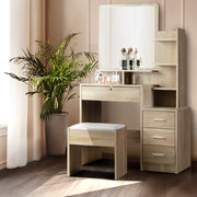 Mirrored Dressing Table and Stool Set Vanity Makeup Desk Organizer - Oak - Homecoze